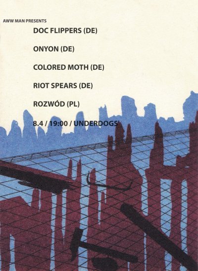 Plakát Post-punk night: Doc Flippers (DE) / Onyon (DE) / Colored Moth (DE) / Riot Spears (DE) / Rozwód (PL)